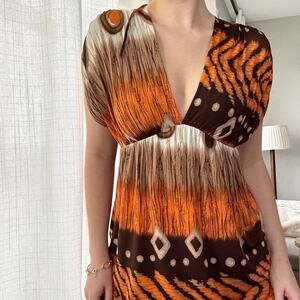 Y2K Trac USA Orange Multi Print V Neck Dress Ruched Stretchy Tie Back Size Small